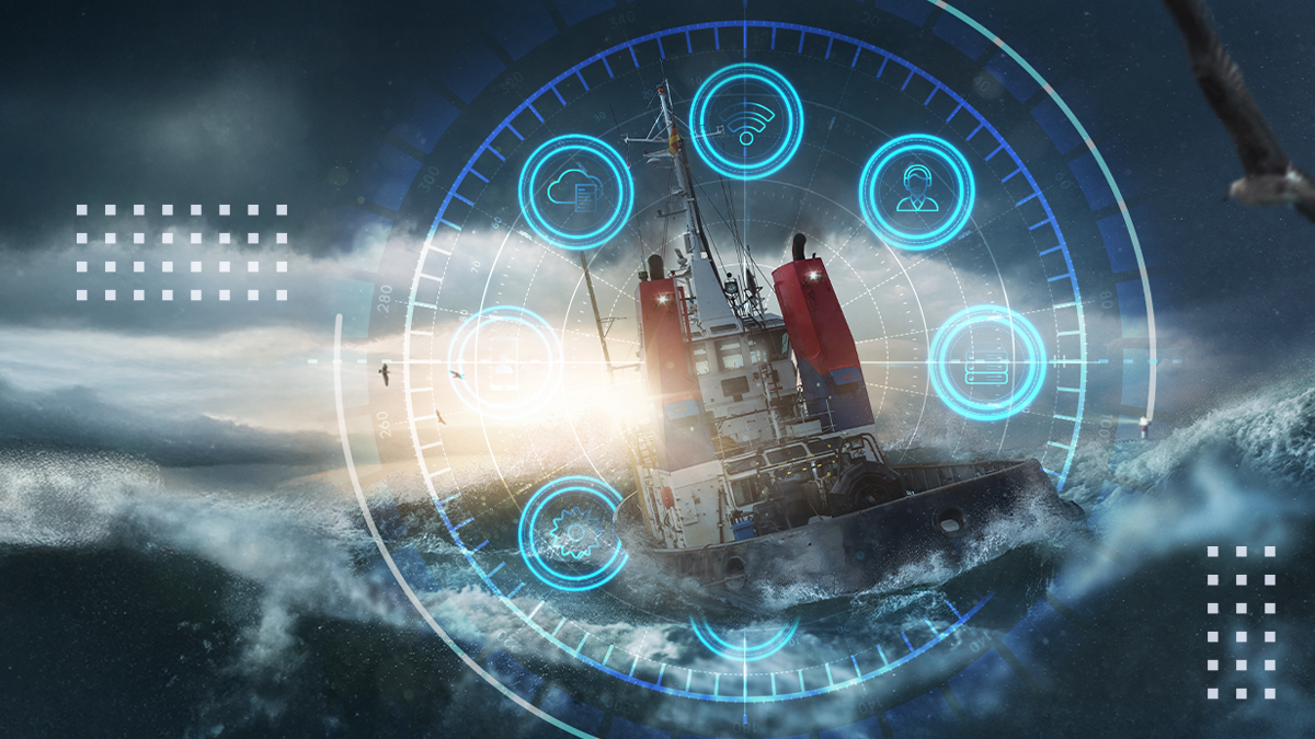 An abstract ship on a stormy sea with broadband internet icons overlaid