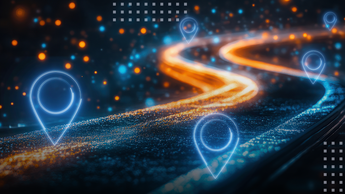 Dynamic flow of data points with glowing orange, turquoise trails and glowing blue location pin over it