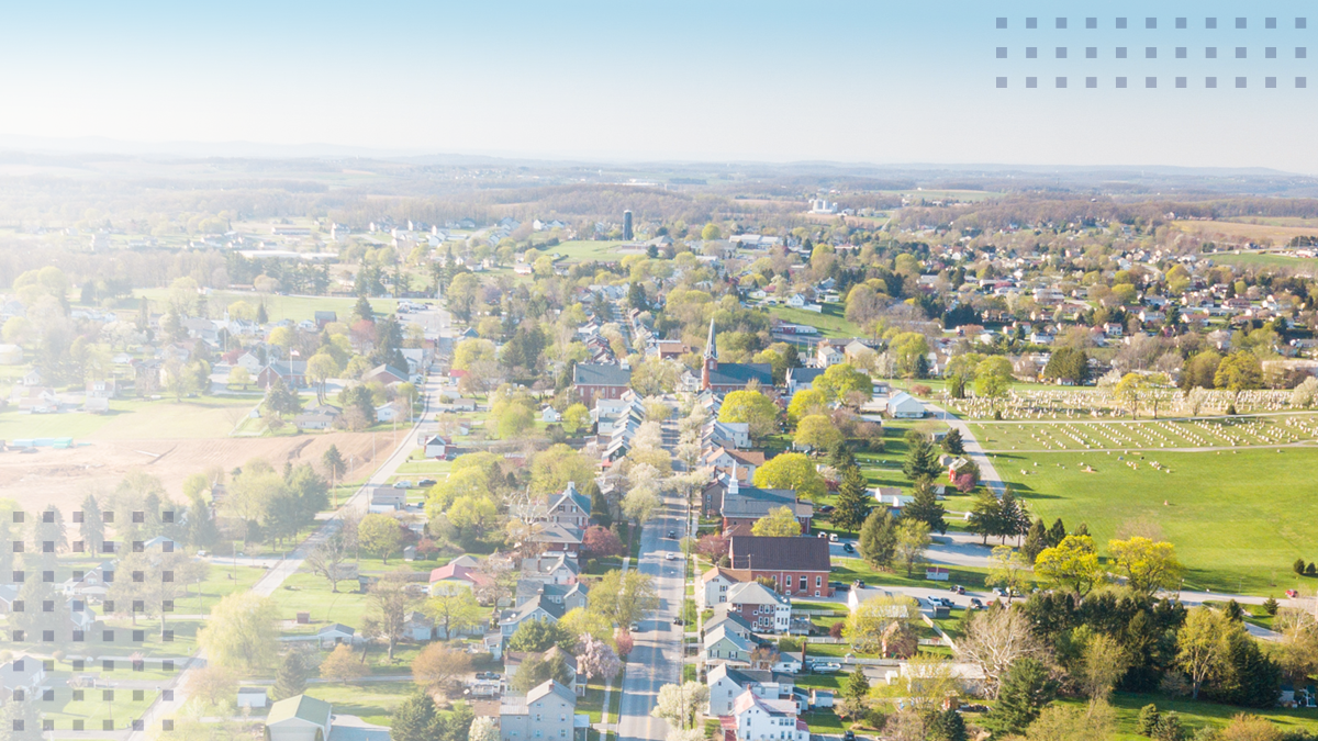 An aerial view of a small rural town