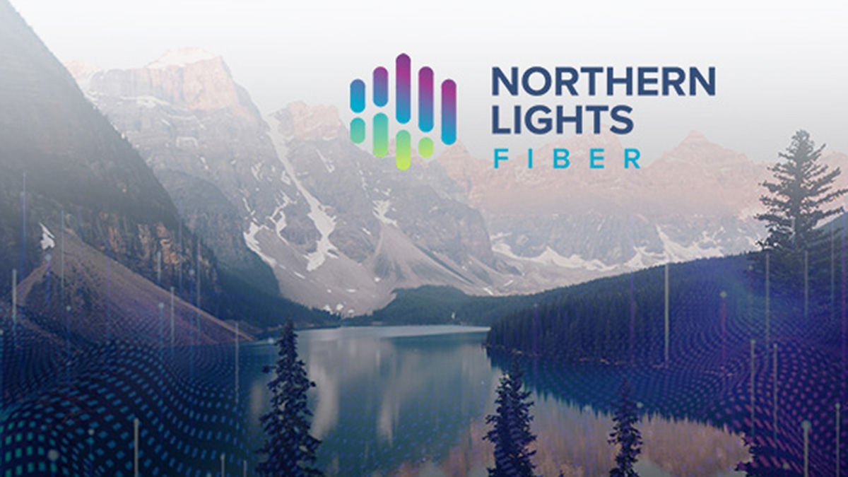 Northern Lights Fiber logo over lake and mountain scene