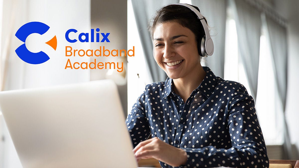 A woman smiling while viewing a laptop with the Calix Broadband Academy logo overlaid