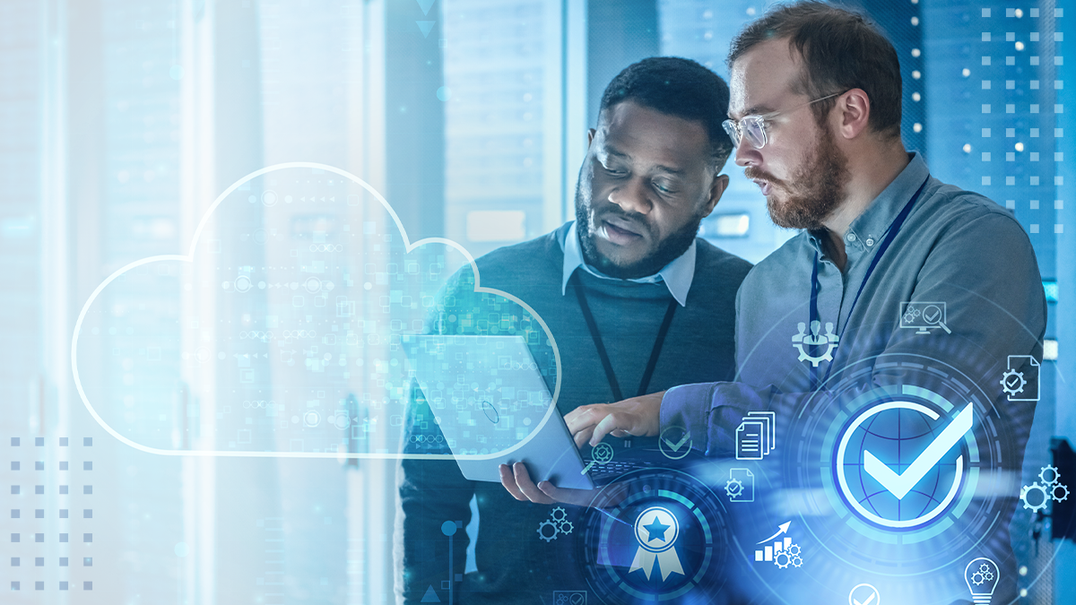 Two business persons working on laptop with digital interface concept