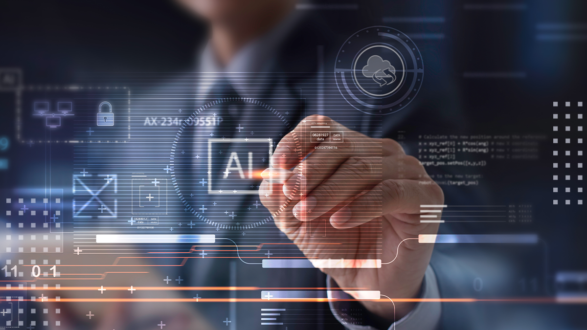 Businessman touching on AI machine learning on virtual screen with big data, computer code