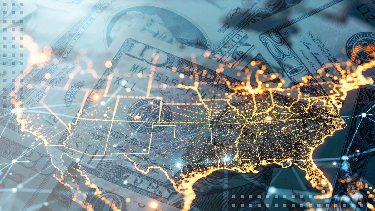 night map of USA with city lights illumination, global network connectivity and US dollar currency notes in the background