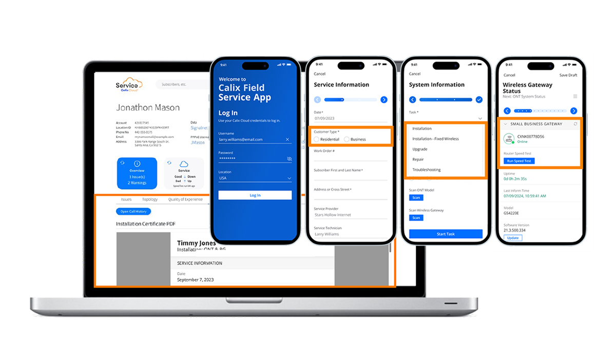 Calix field service app interface on a mobile phone and laptop