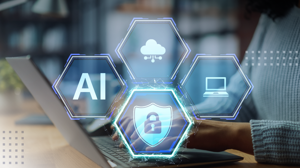 Business person using the laptop with secured cloud network, AI advanced technology poly wireframe style