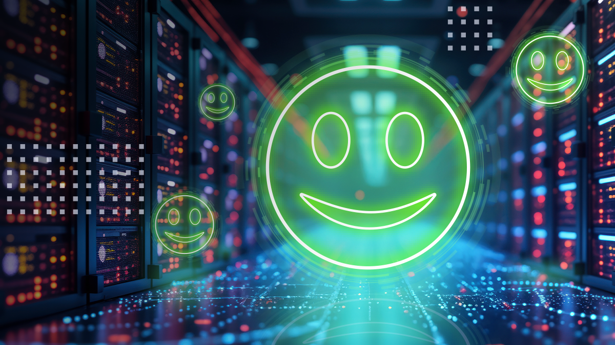 customer satisfaction concept yellow glowing smiley icon with server racks in the background