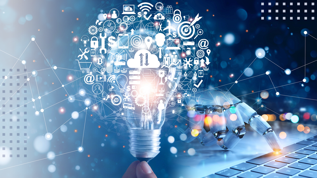 A light bulb with many abstract networking and operations icons overlaid