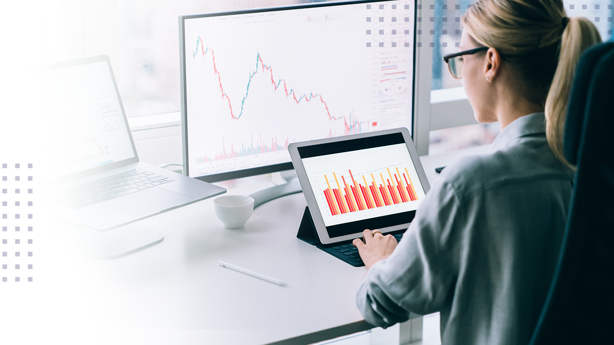 Woman working with data on computer in office