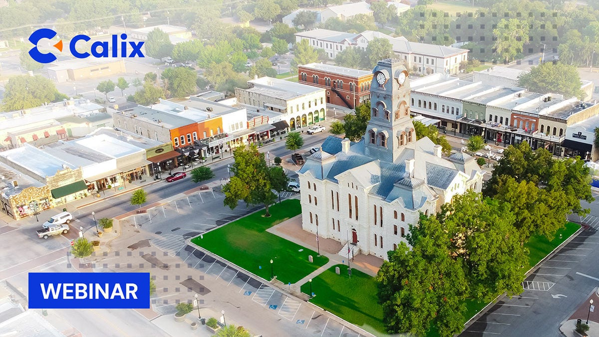 An illustration of a community town square with the Calix logo and a blue webinar text box