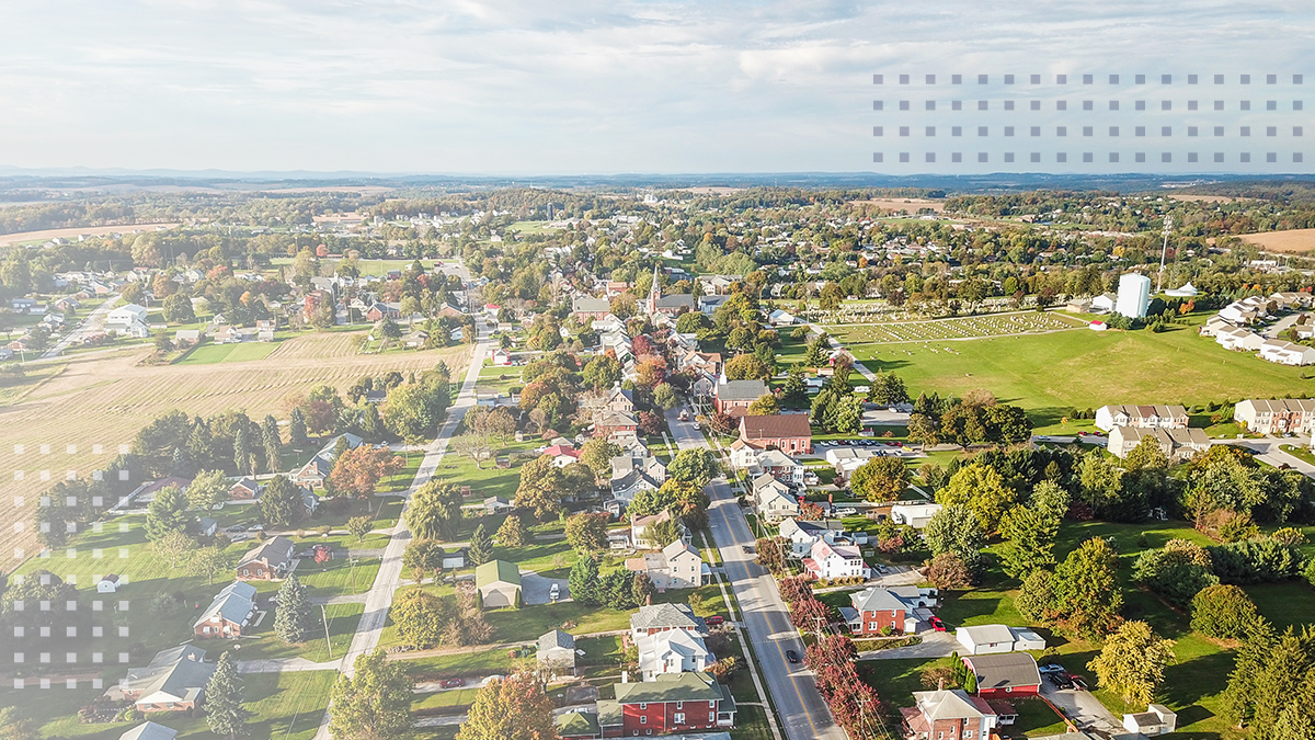 An aerial image of a rural town