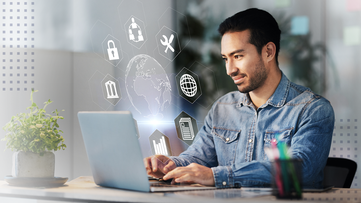 Businessman with laptop and cybersecurity overlay with futuristic hologram in office