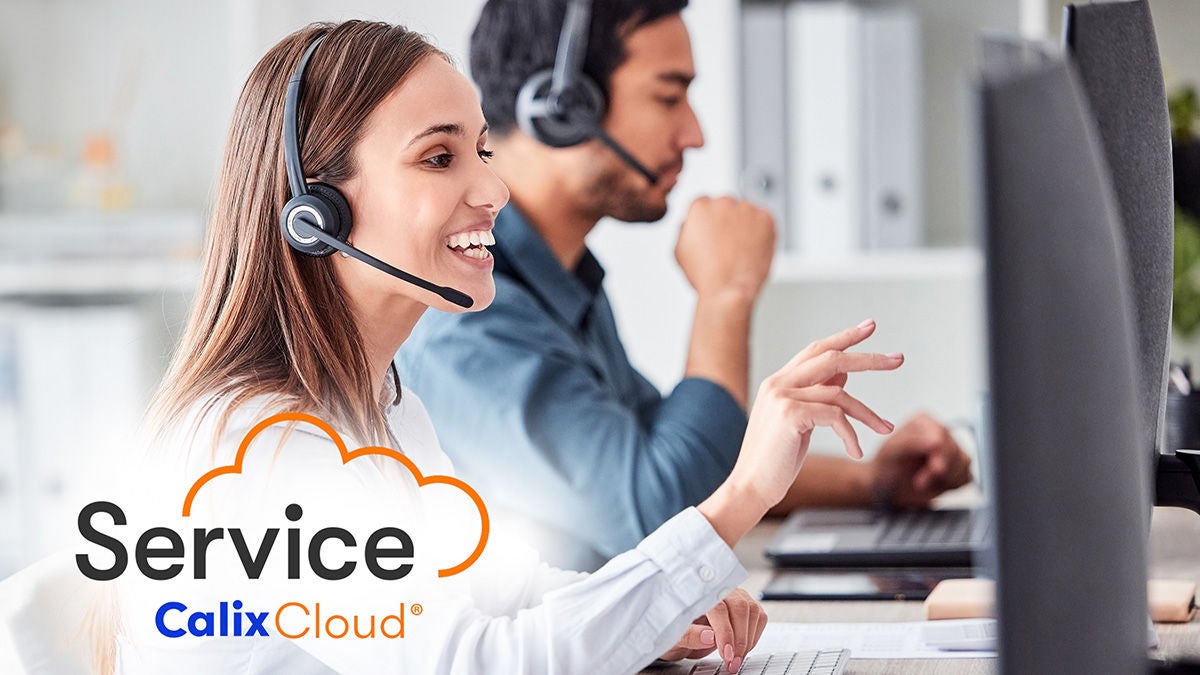 Calix Service Cloud logo over customer service reps talking with headsets