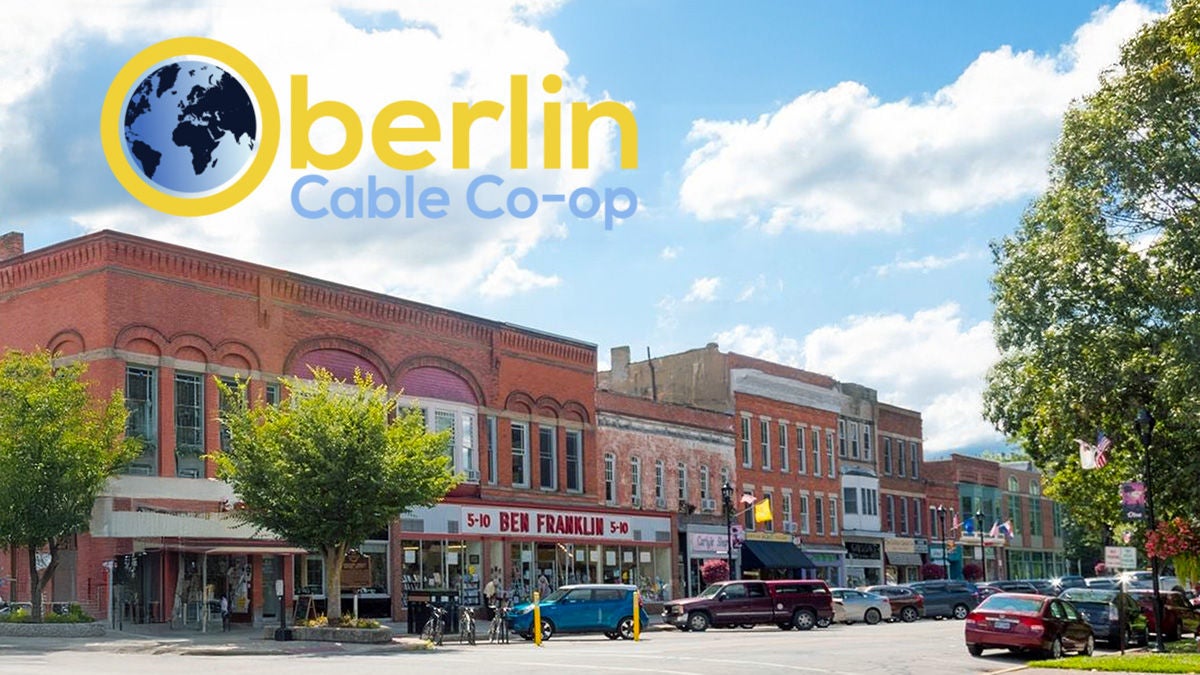 Oberlin Cable Co-op logo over downtown scene