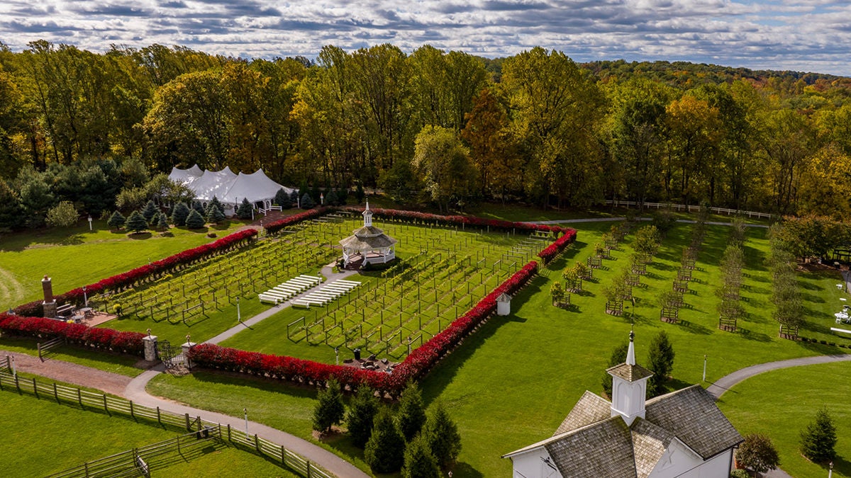 aerial view of the garden of a wedding venue