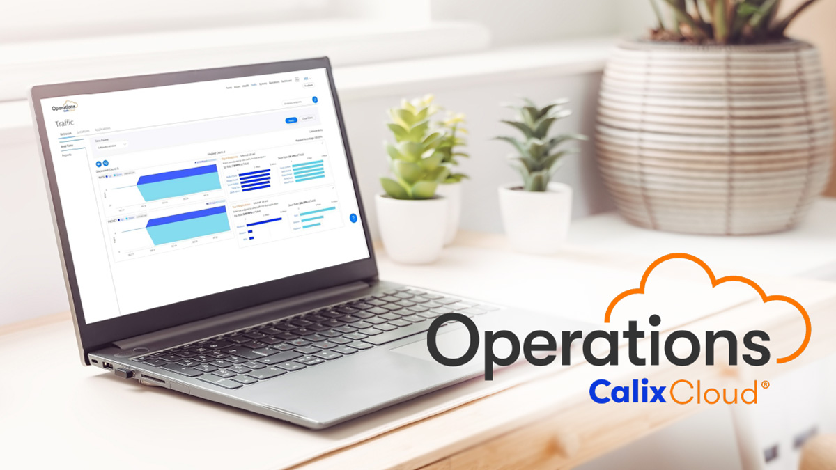 Calix Operations Cloud logo over laptop with Operations Cloud on screen