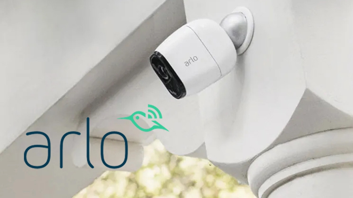 Arlo camera on exterior of home and Arlo logo