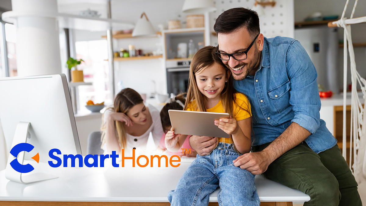family with devices and SmartHome logo