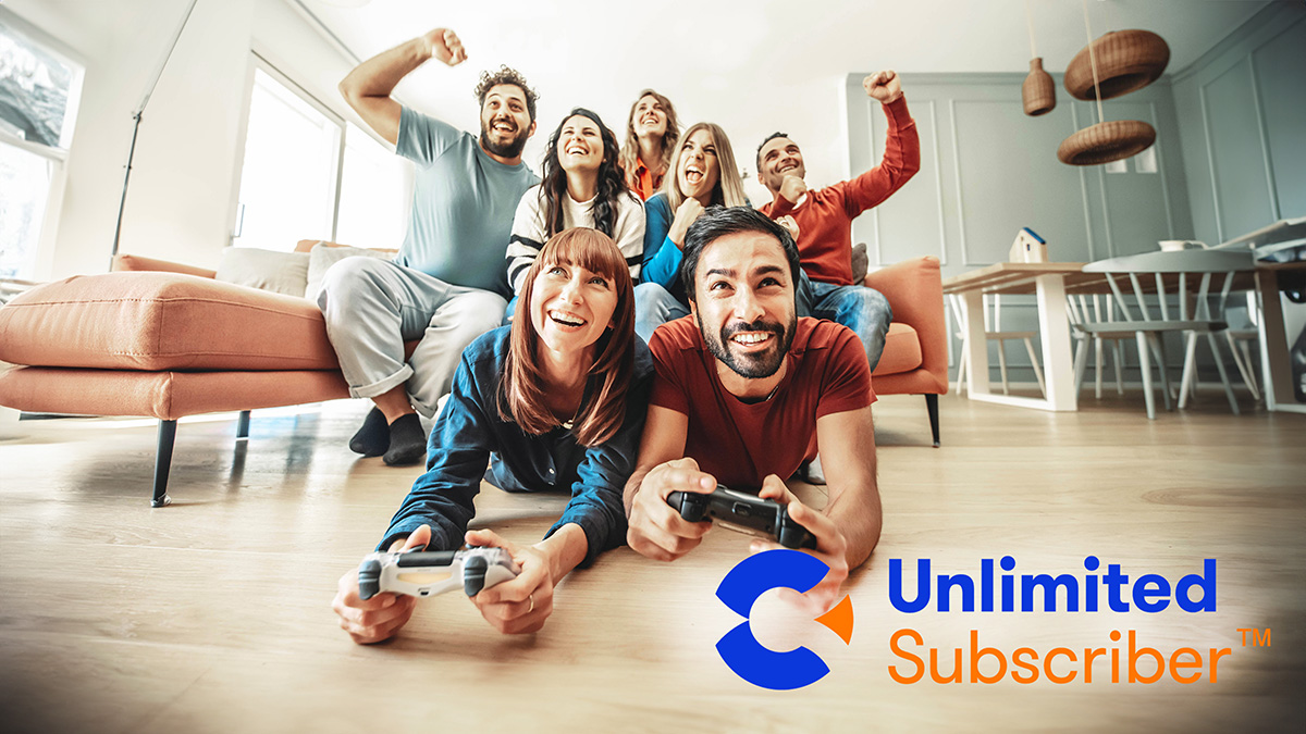 Calix Unlimited Subscriber logo over happy group of friends gaming